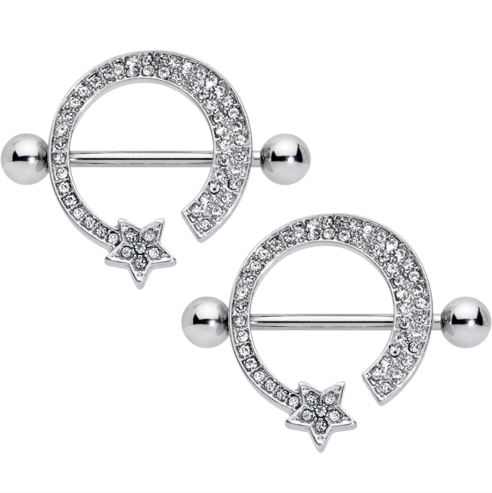 14G Shooting Stars Rhinestone Pave Nipple Sheilds, Nipple Jewelery Set Of Two